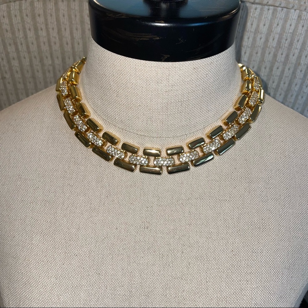 J Crew Flat Link Gold Chain Pave Rhinstones Crystal Statement Vargas Necklace